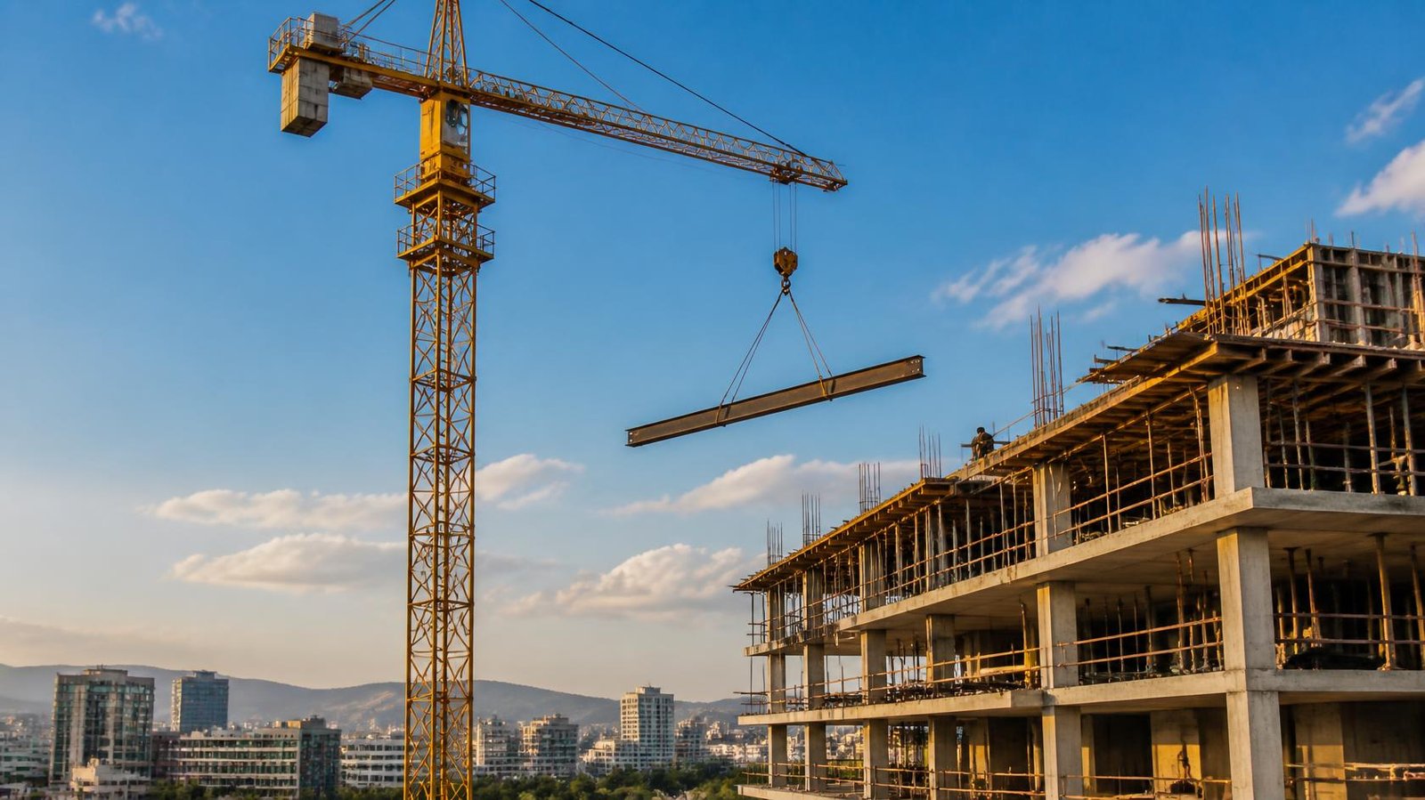 A tower crane lifting a steel beam over a mid-rise building under construction