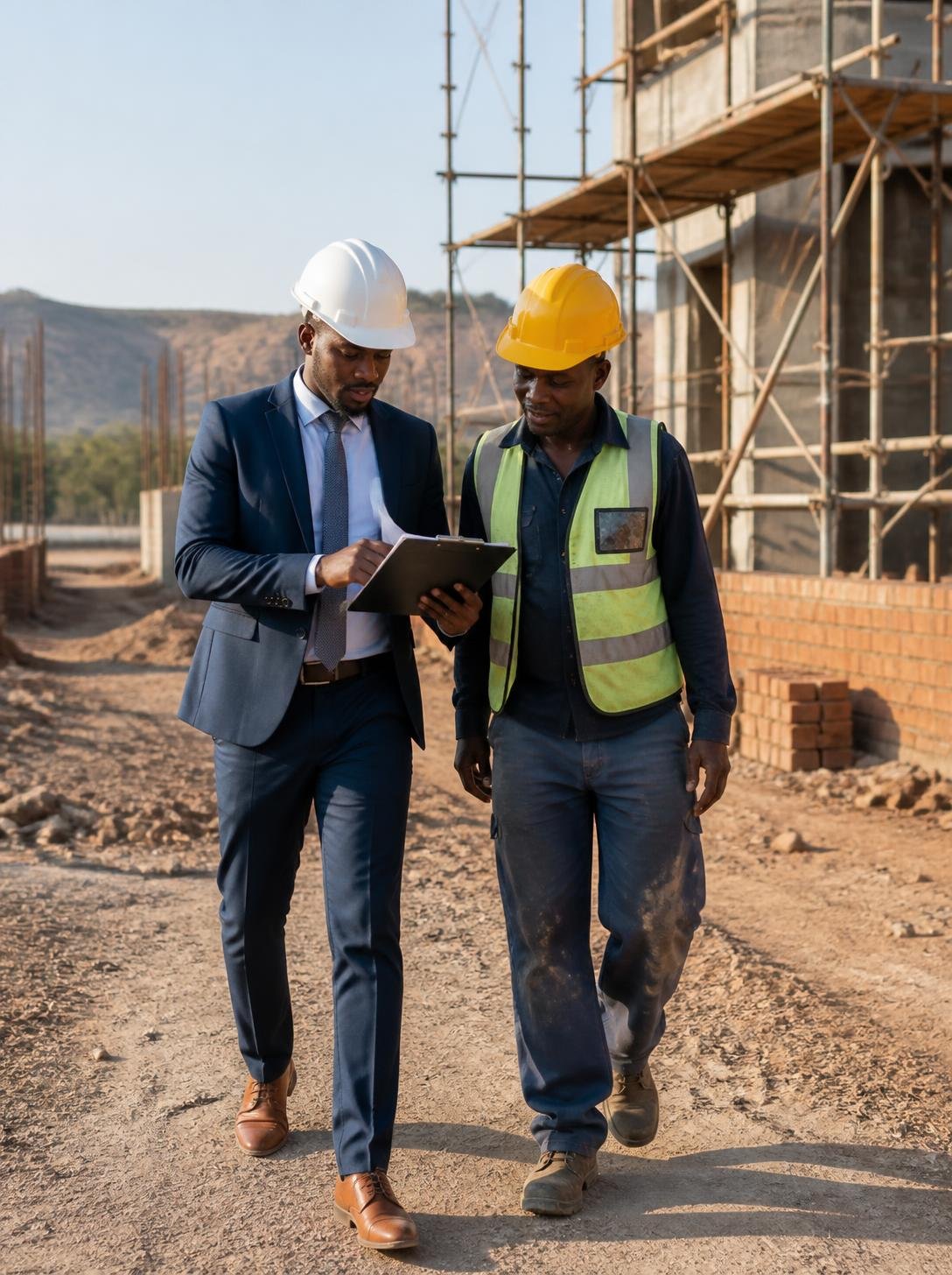 An SIC underwriter and a contractor reviewing a clipboard together on a construction site
